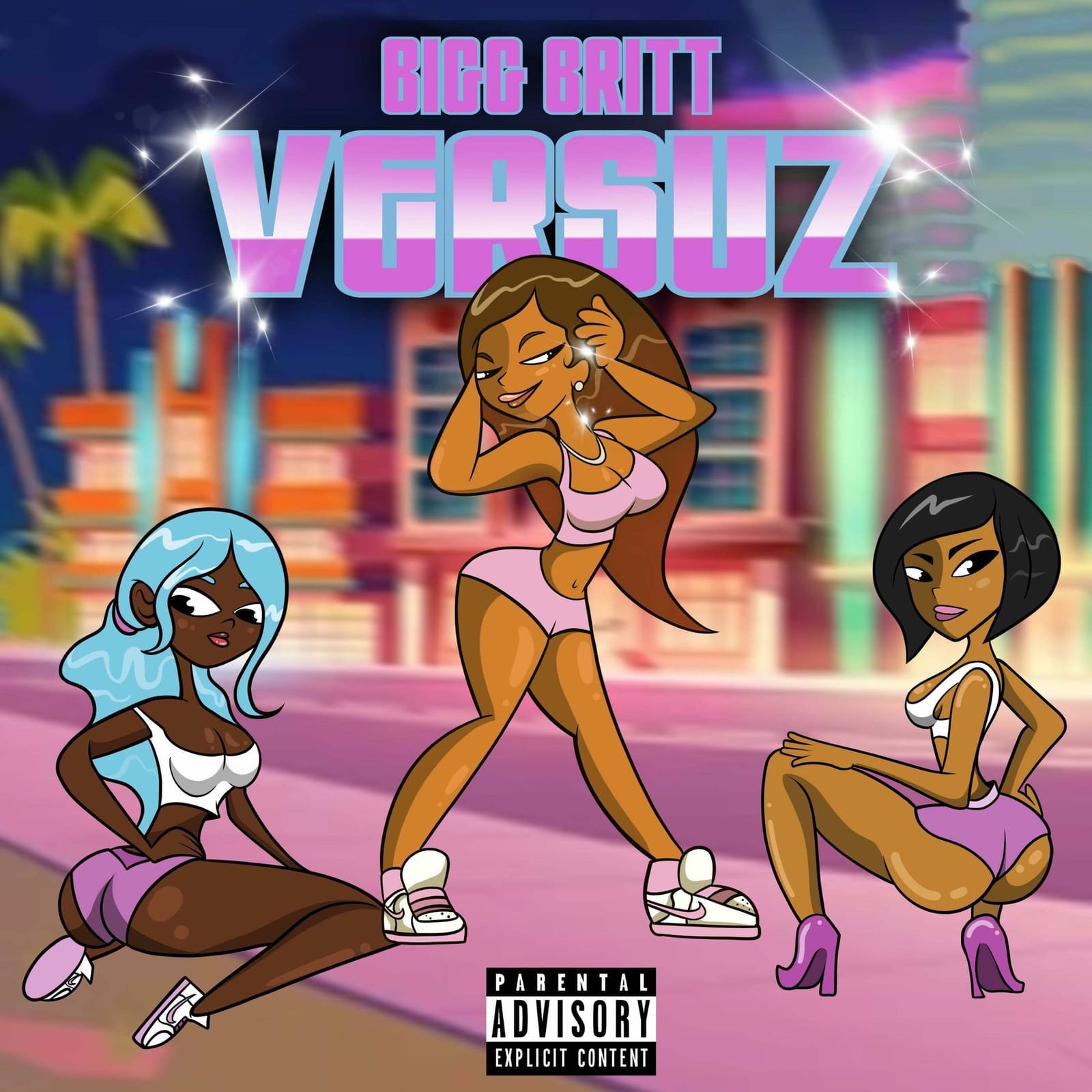 Versuz cover art: a cartoon of three women in swimsuits on a pastel city street.